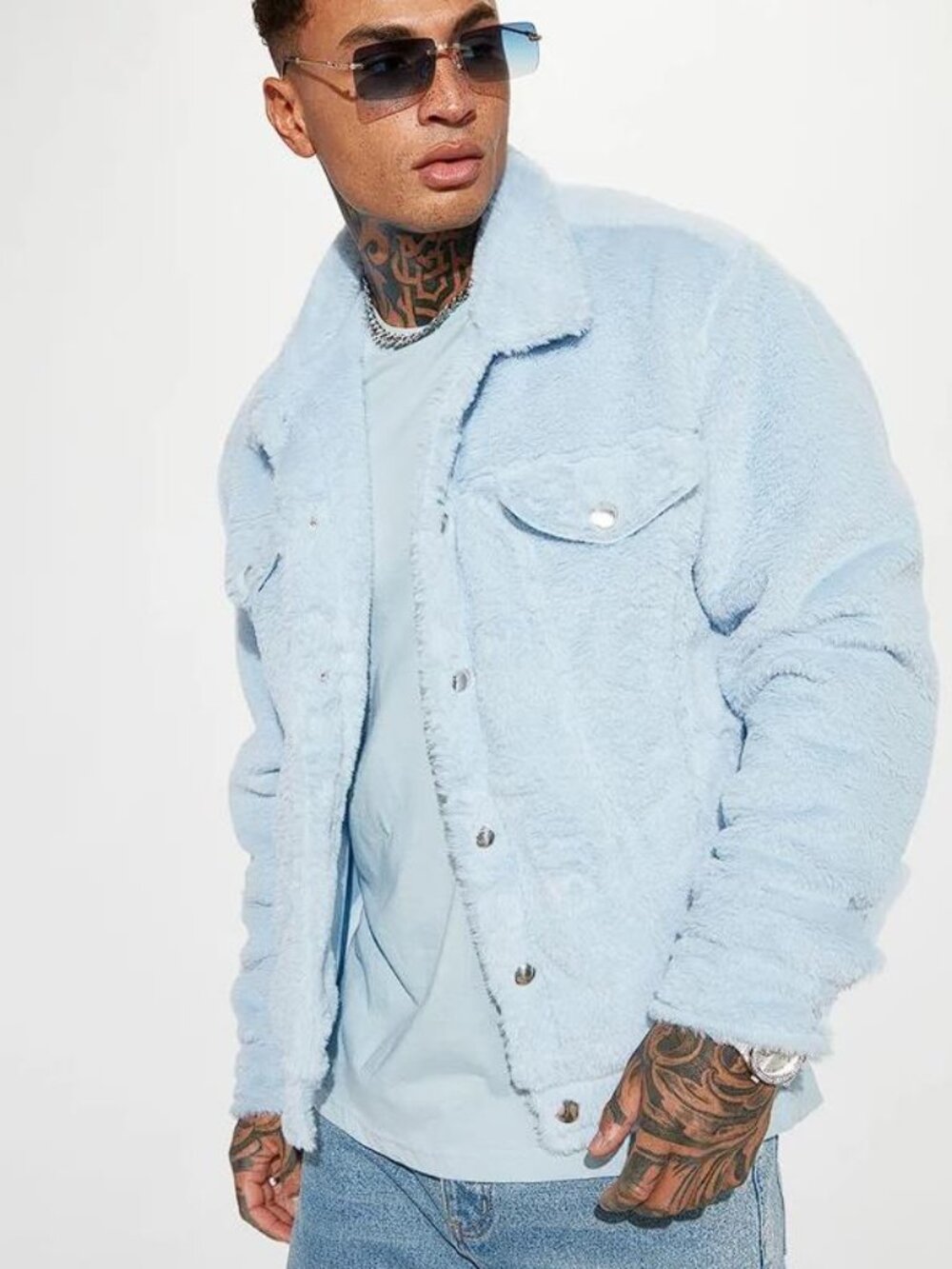 FASHION NOVA Men's Hey Ma Fur Trucker Jacket Size M in Light Blue